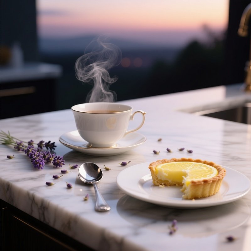 A Close‑Up View Of A Polished Marble Countertop At Dusk, Featuring A Delicate Porcelain Teacup With