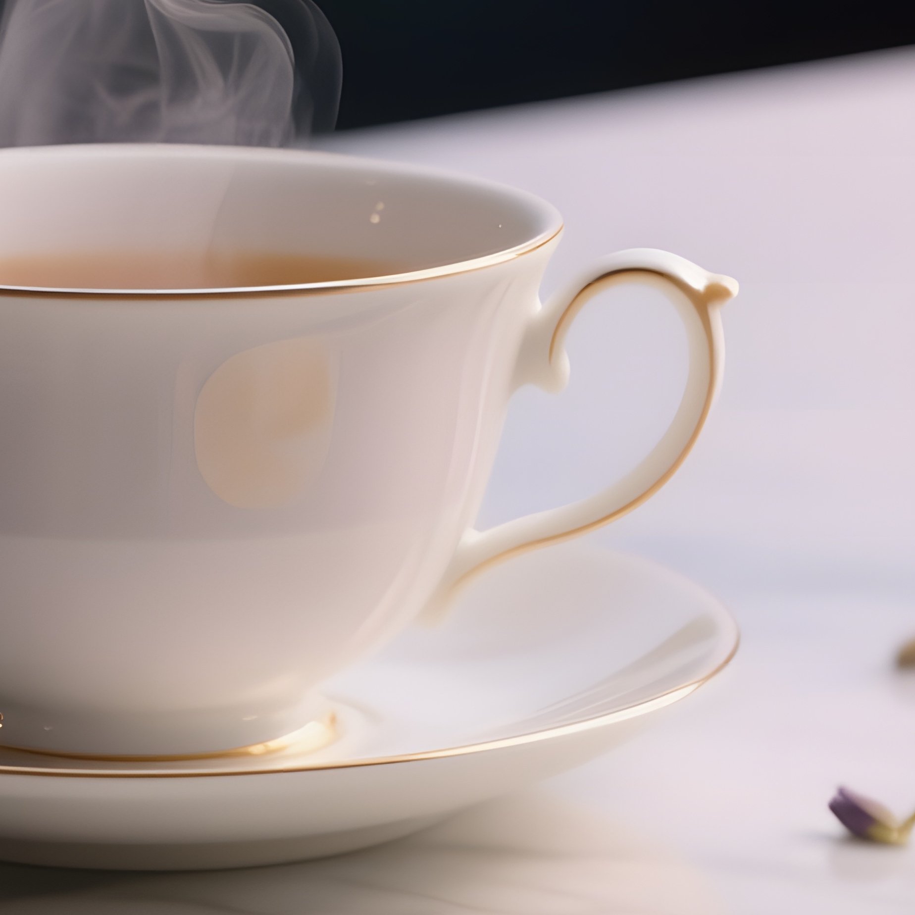 A Close‑Up View Of A Polished Marble Countertop At Dusk, Featuring A Delicate Porcelain Teacup With - Full Resolution Quality Preview