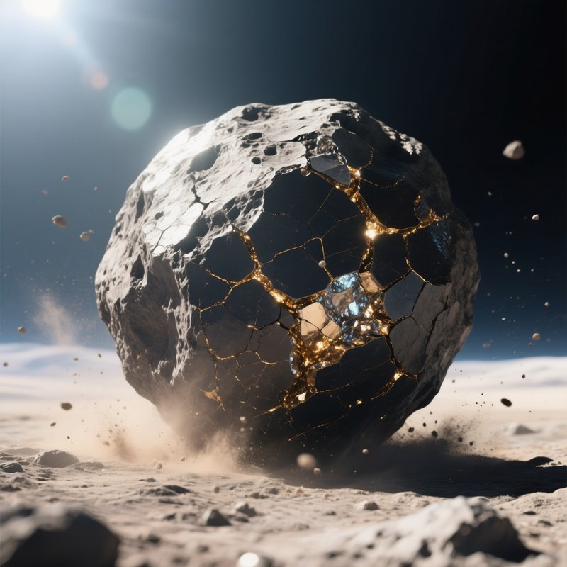 A Close‑Up View Of A Single Asteroid With A Cracked Basalt Surface, Veins Of Metallic Ore Glinting