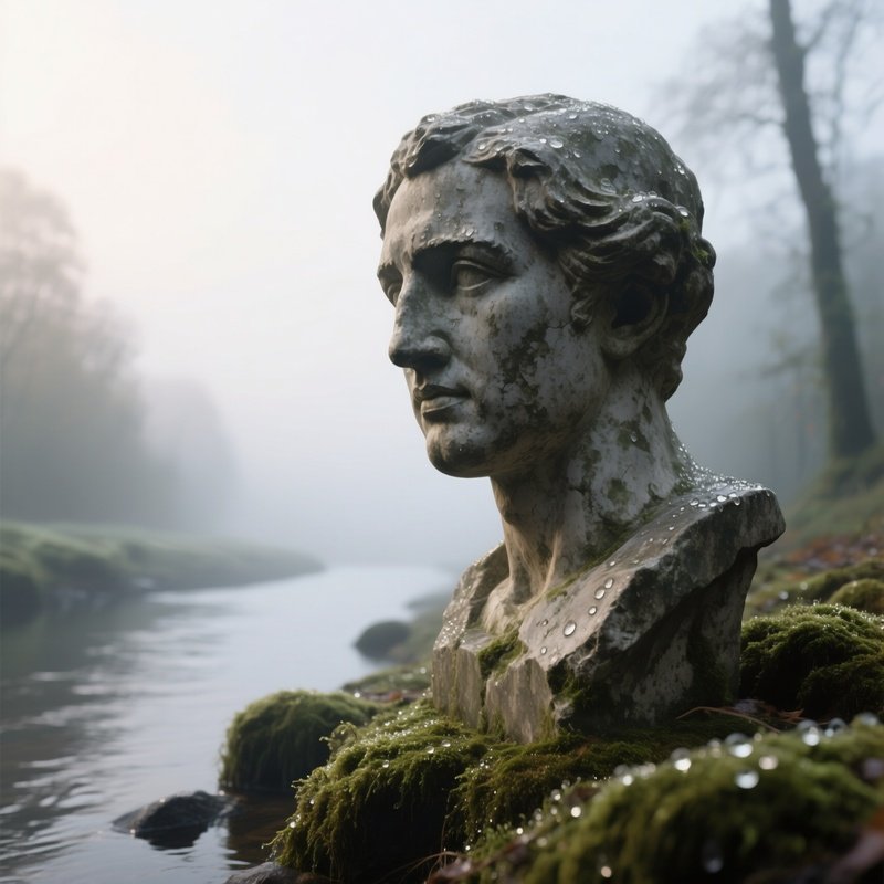 A Close‑Up View Of A Weathered Stone Bust Half‑Finished, Illuminated By Soft Morning Mist Rising