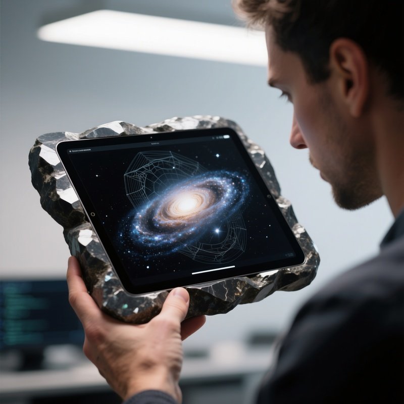 A Close View Of A Sleek Tablet Made From Polished Meteorite Stone, Its Screen Displaying Intricate