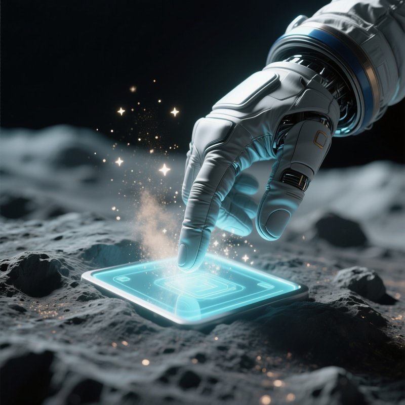 A Close View Of An Astronaut’S Gloved Hand Hovering Over A Glowing Touchscreen Embedded In The