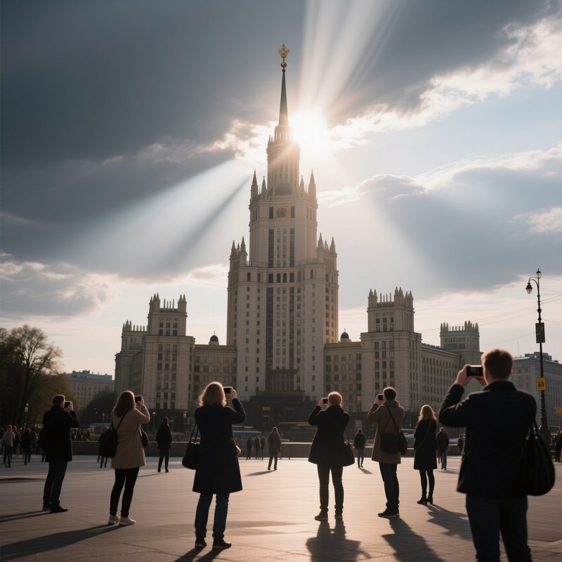 A Cloudy Day Where The Sun Breaks Through Briefly, Casting A Dramatic Spotlight On The Top Spire Of