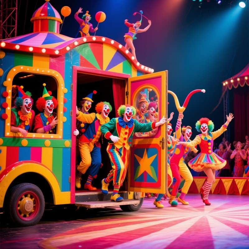A Clown Car Arriving With Doors Opening To Reveal Performers