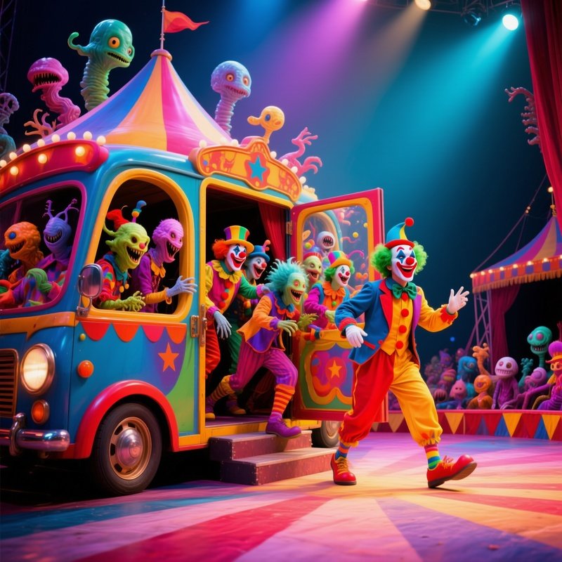 A Clown Car Arriving With Doors Opening To Reveal Performers