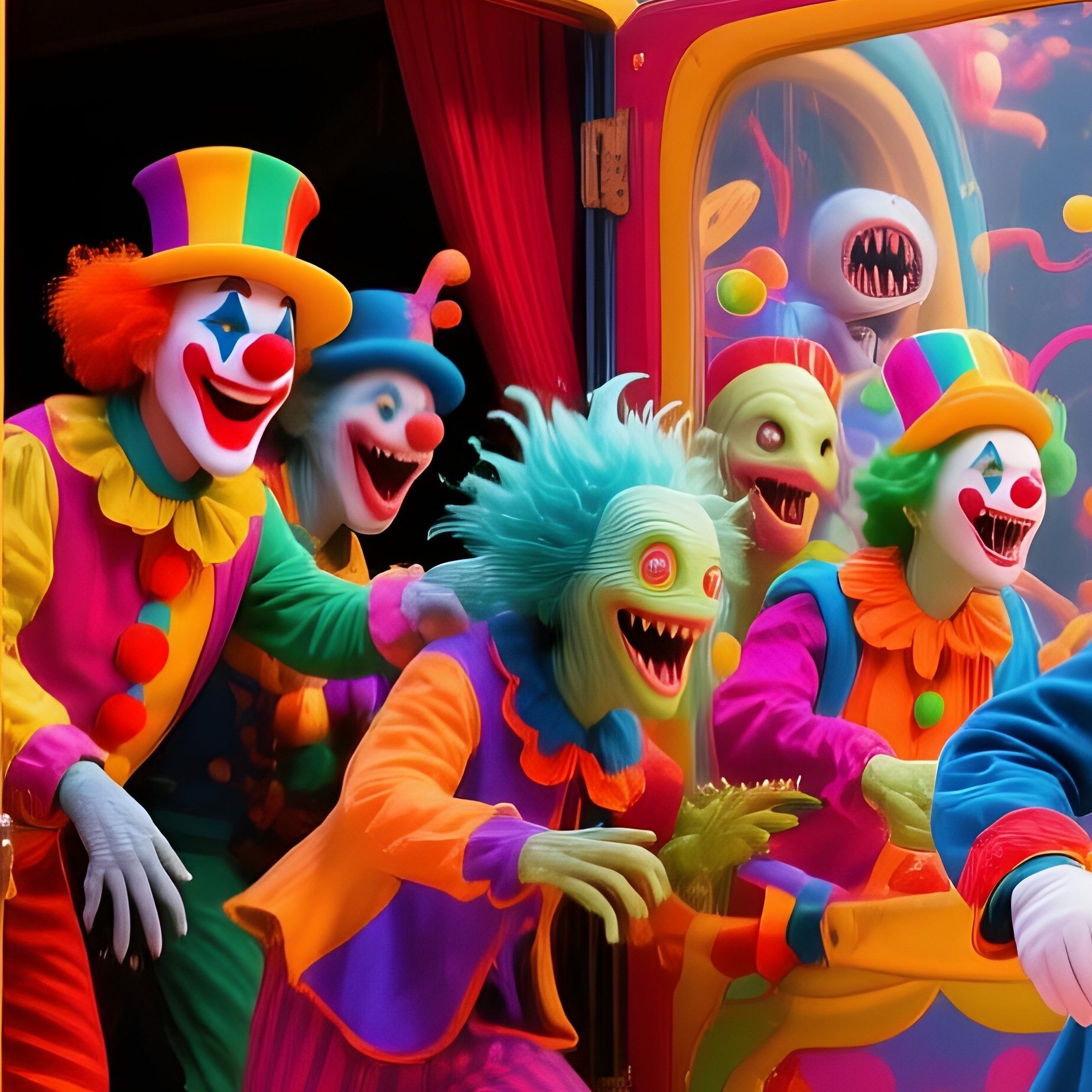A Clown Car Arriving With Doors Opening To Reveal Performers - Full Resolution Quality Preview