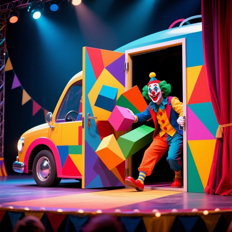 A Clown Car Arriving With Doors Opening To Reveal Performers
