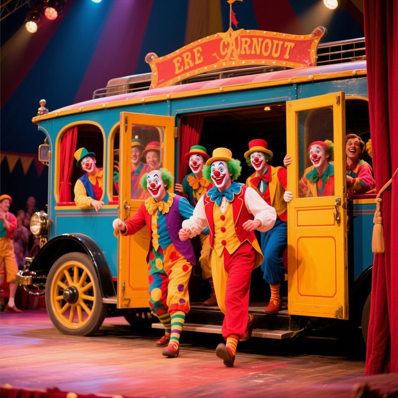 A Clown Car Arriving With Doors Opening To Reveal Performers