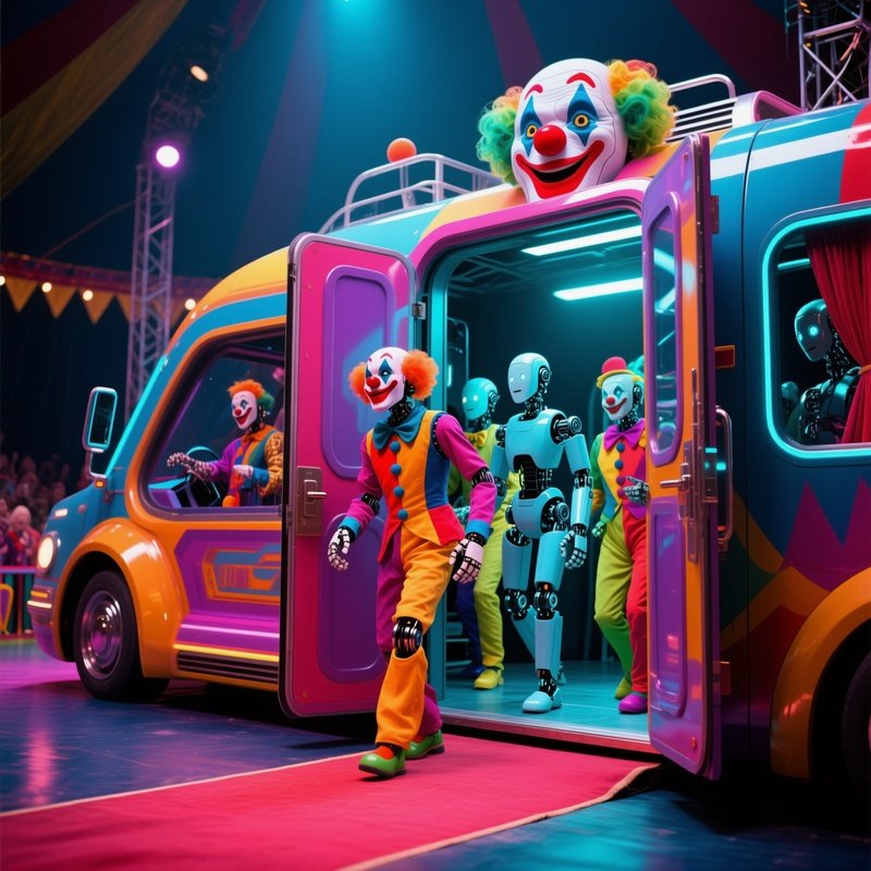 A Clown Car Arriving With Doors Opening To Reveal Performers