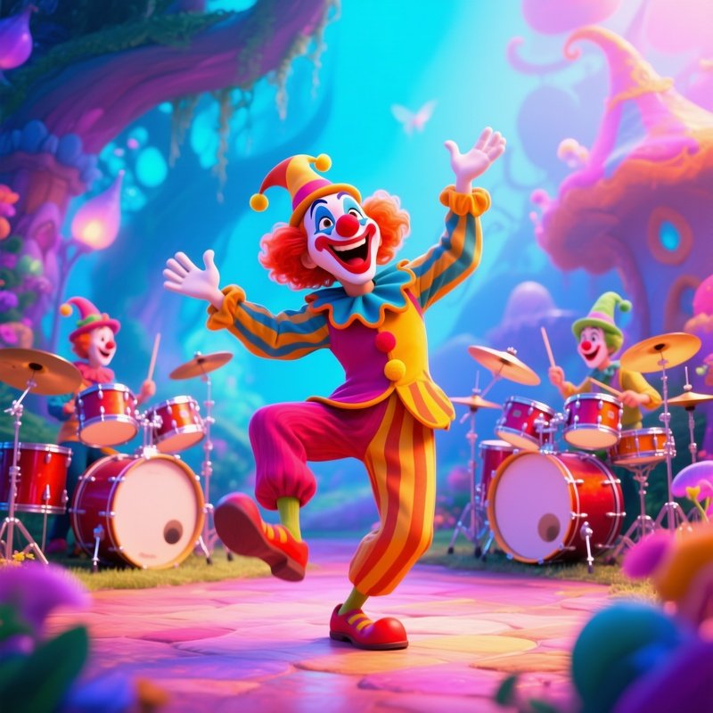 A Clown Dancing With Exaggerated Joy As Band Plays Behind