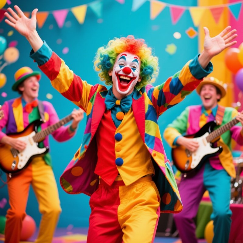 A Clown Dancing With Exaggerated Joy As Band Plays Behind