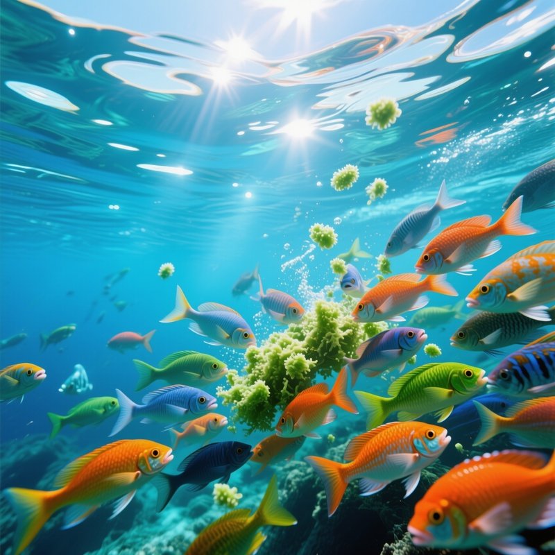 A Cluster Of Colorful Fish Feeding At The Surface Photorealistic Image