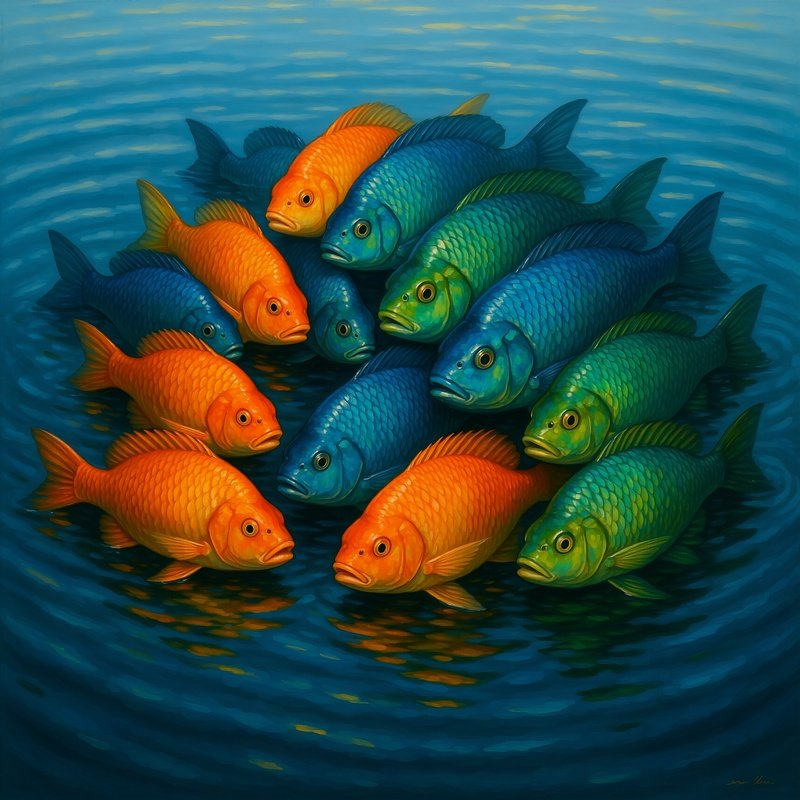 A Cluster Of Colorful Fish Feeding At The Surface Still Life