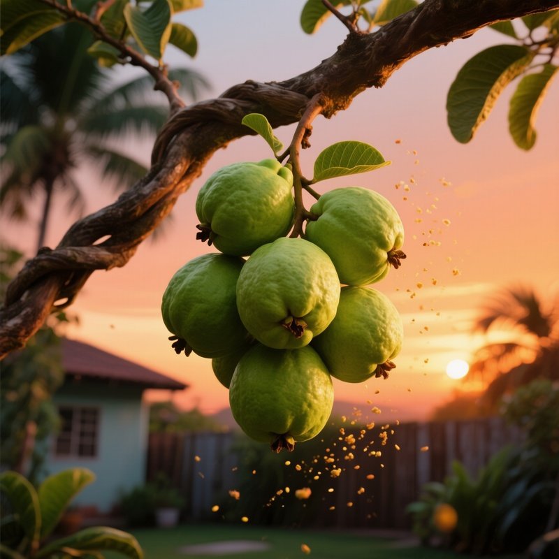 A Cluster Of Vibrant Green Guavas Hangs From A Twisted Branch Against A Dusky Orange Sunset, Their