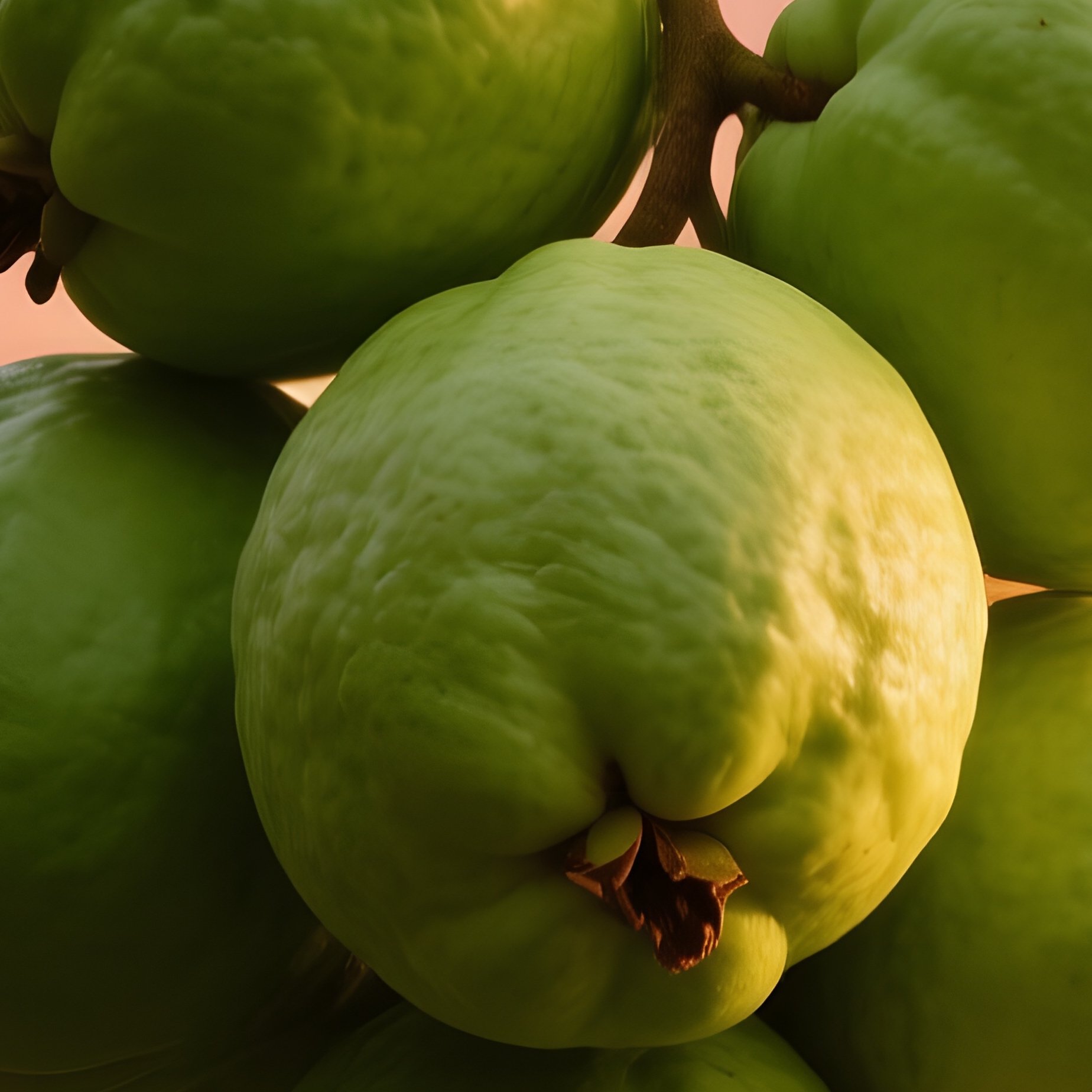 A Cluster Of Vibrant Green Guavas Hangs From A Twisted Branch Against A Dusky Orange Sunset, Their - Full Resolution Quality Preview