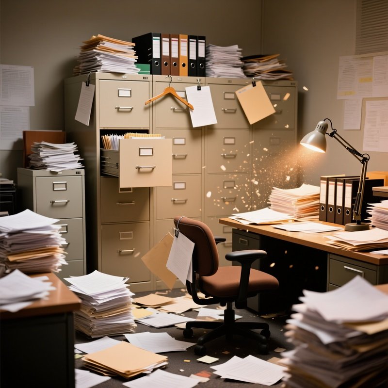 A Cluttered Office With Files And Papers