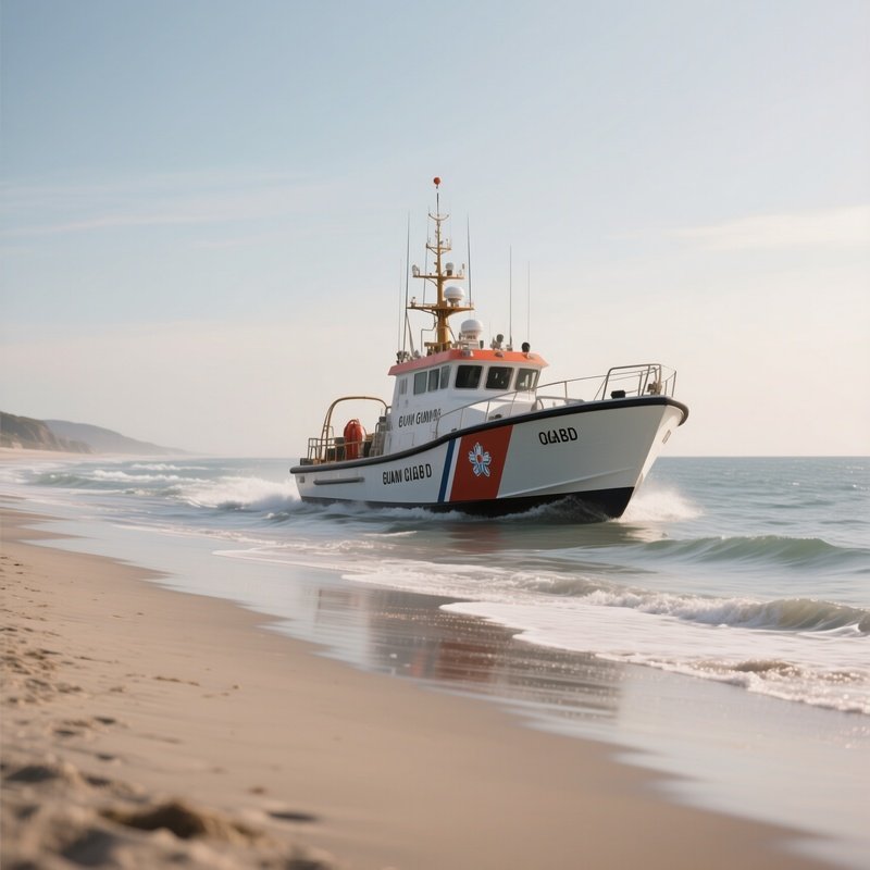 A Coast Guard Boat Patrolling Near An Empty Beach