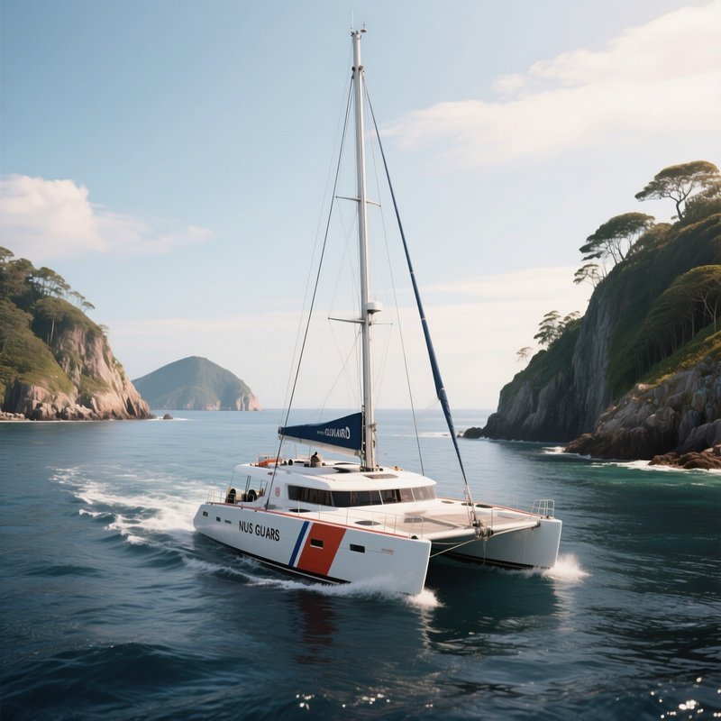 A Coast Guard Catamaran Navigating Between Islands
