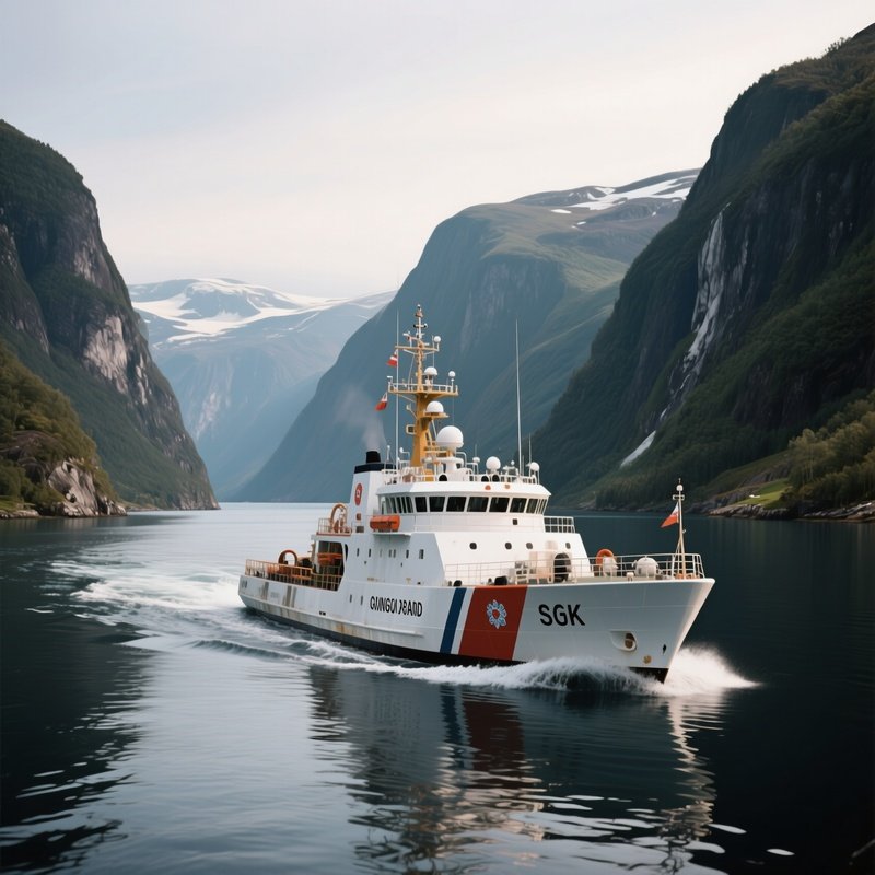 A Coast Guard Cutter Cruising Along A Deep Fjord