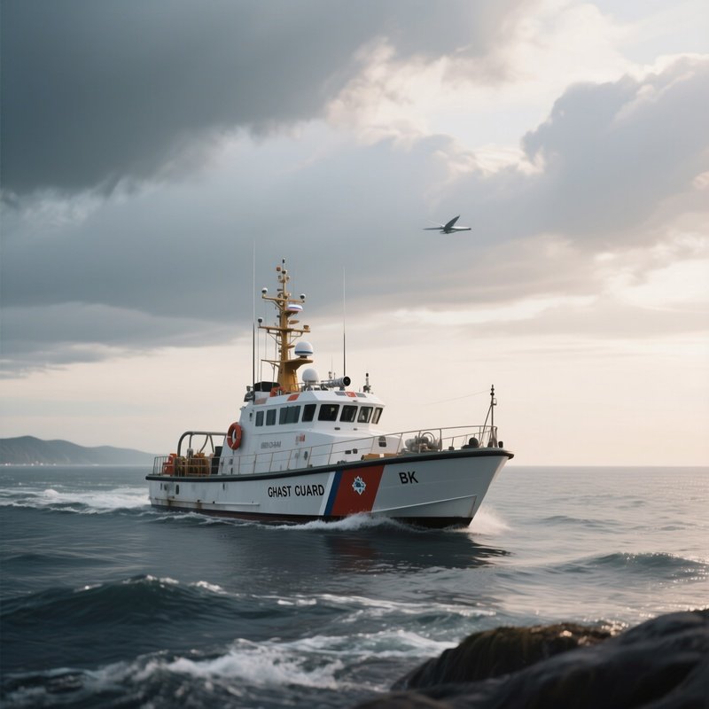 A Coast Guard Patrol Boat Scanning The Horizon Under Cloudy Skies