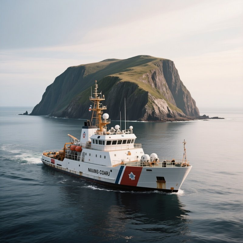 A Coast Guard Vessel Anchored Near A Remote Headland