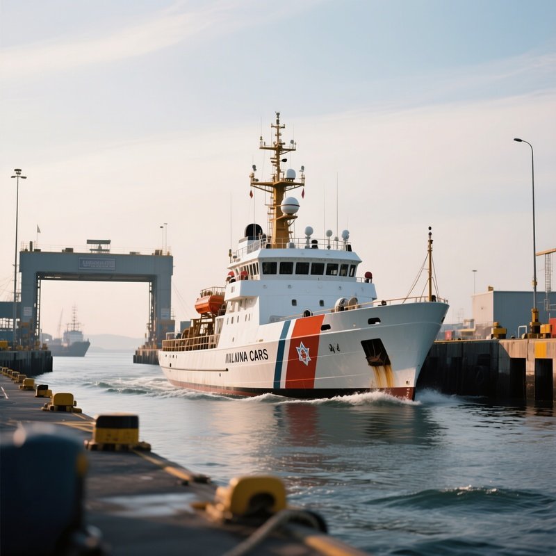 A Coast Guard Vessel Approaching A Harbor Entrance