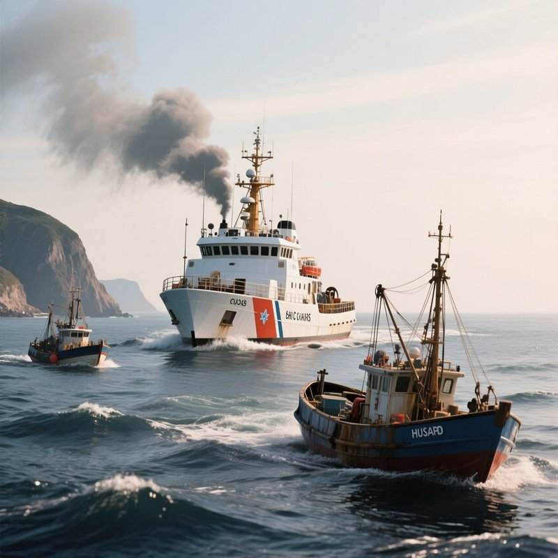 A Coast Guard Vessel Shadowing Fishing Boats Offshore