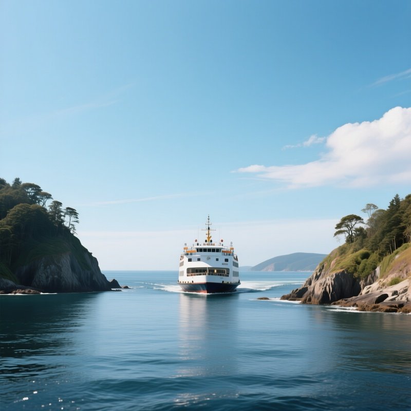 A Coastal Ferry Crossing Between Two Islands Under Clear Skies