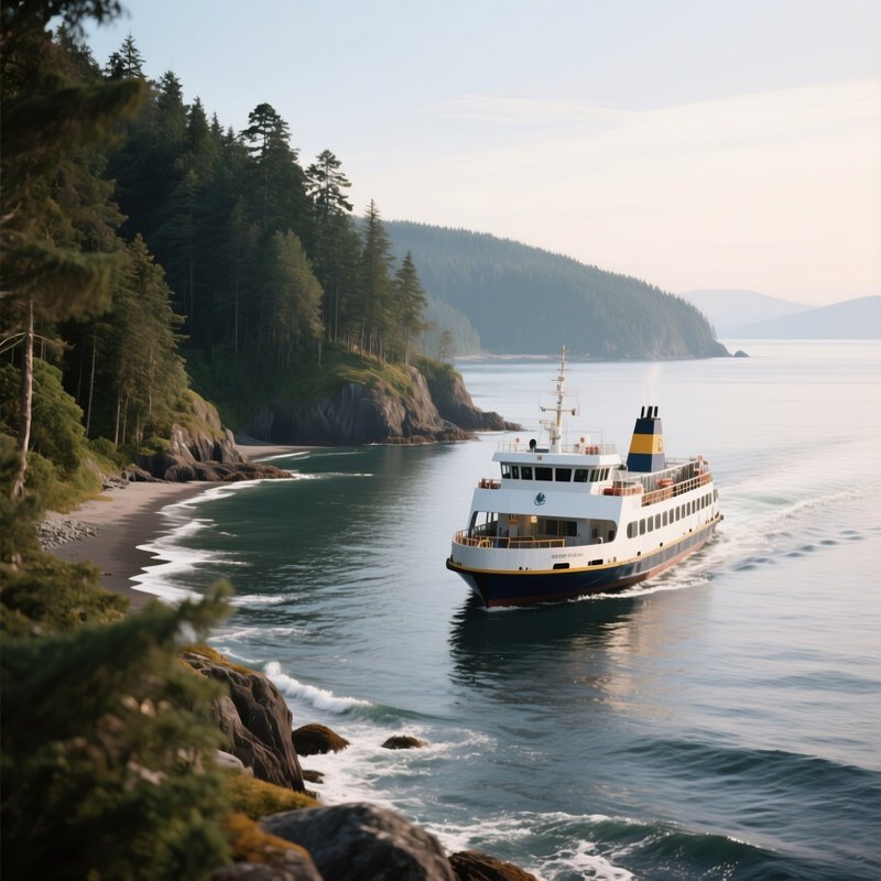 A Coastal Ferry Drifting Near Forested Shorelines