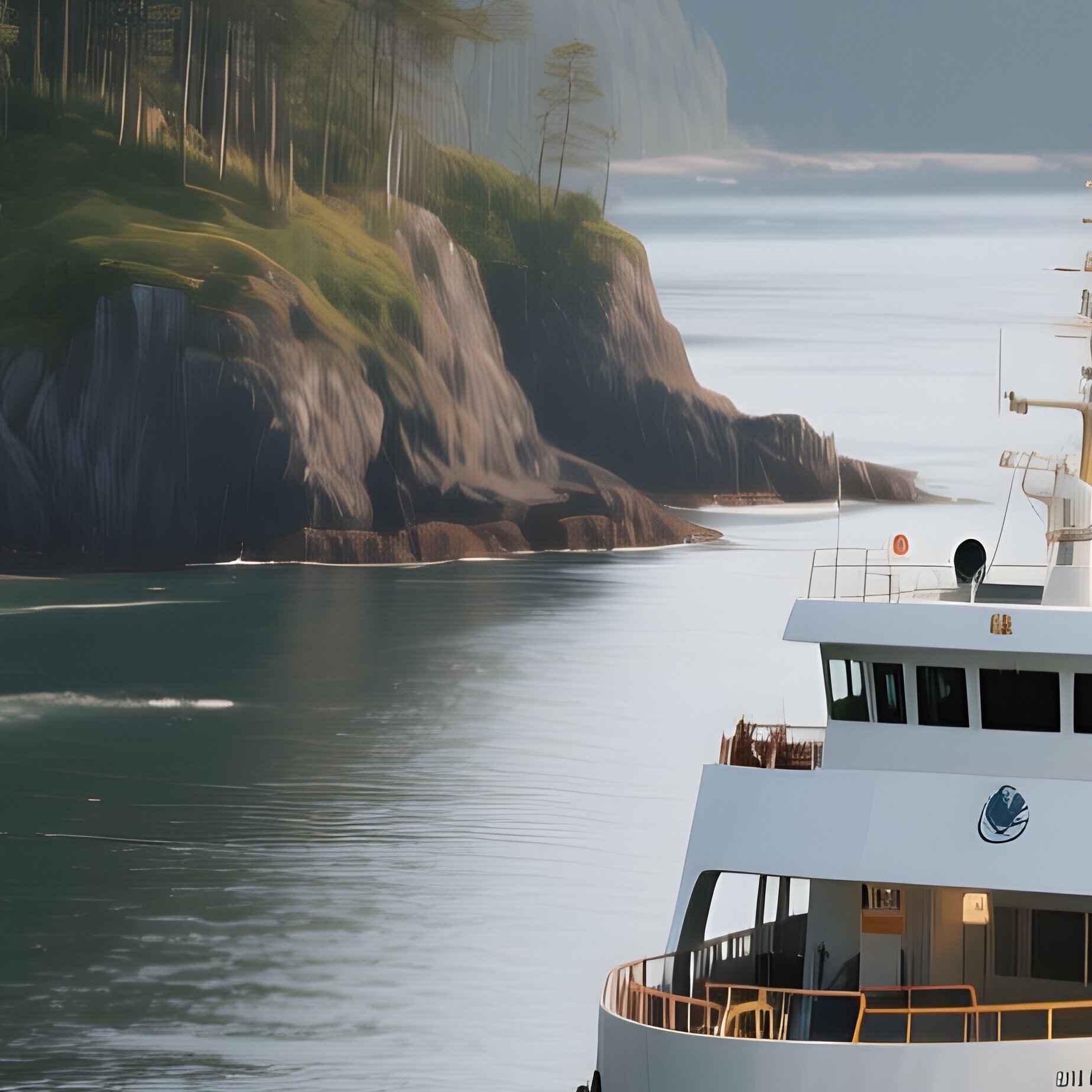 A Coastal Ferry Drifting Near Forested Shorelines - Full Resolution Quality Preview
