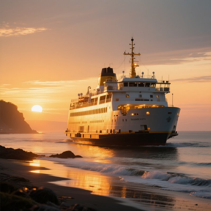 A Coastal Ferry Illuminated By Golden Sunset Light