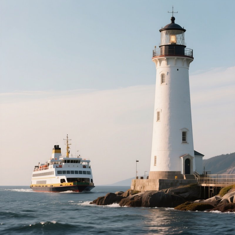 A Coastal Ferry Passing A Tall White Lighthouse