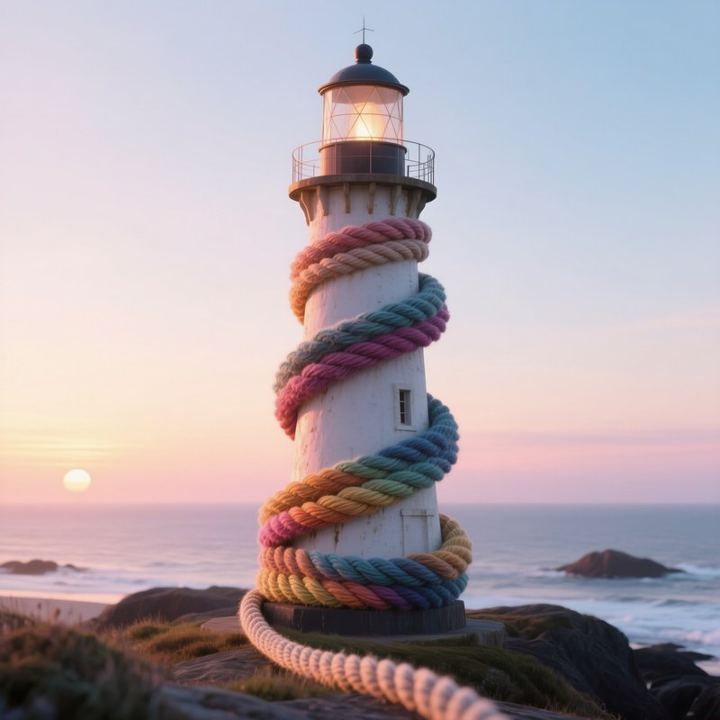 A Coastal Lighthouse At Sunrise, With A Winding Rope Of Dyed Wool Spiraling Around The Tower, Each