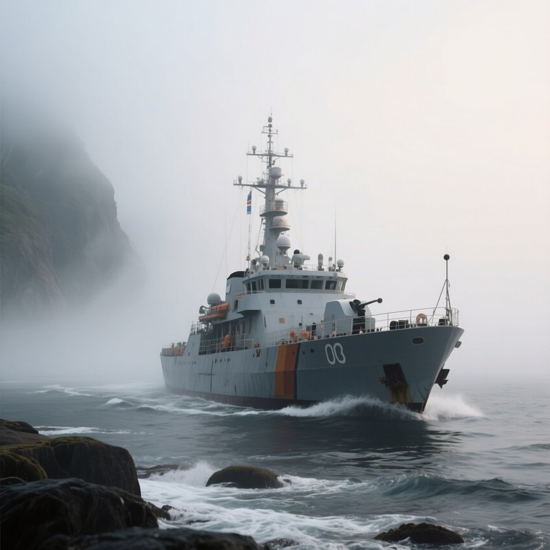 A Coastal Patrol Ship Navigating Through Thick Fog