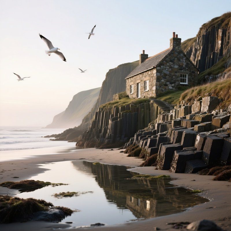 A Coastal Stone Cottage Made From Layered Basalt Cliffs Clings To A Narrow Beach, Tide Pools