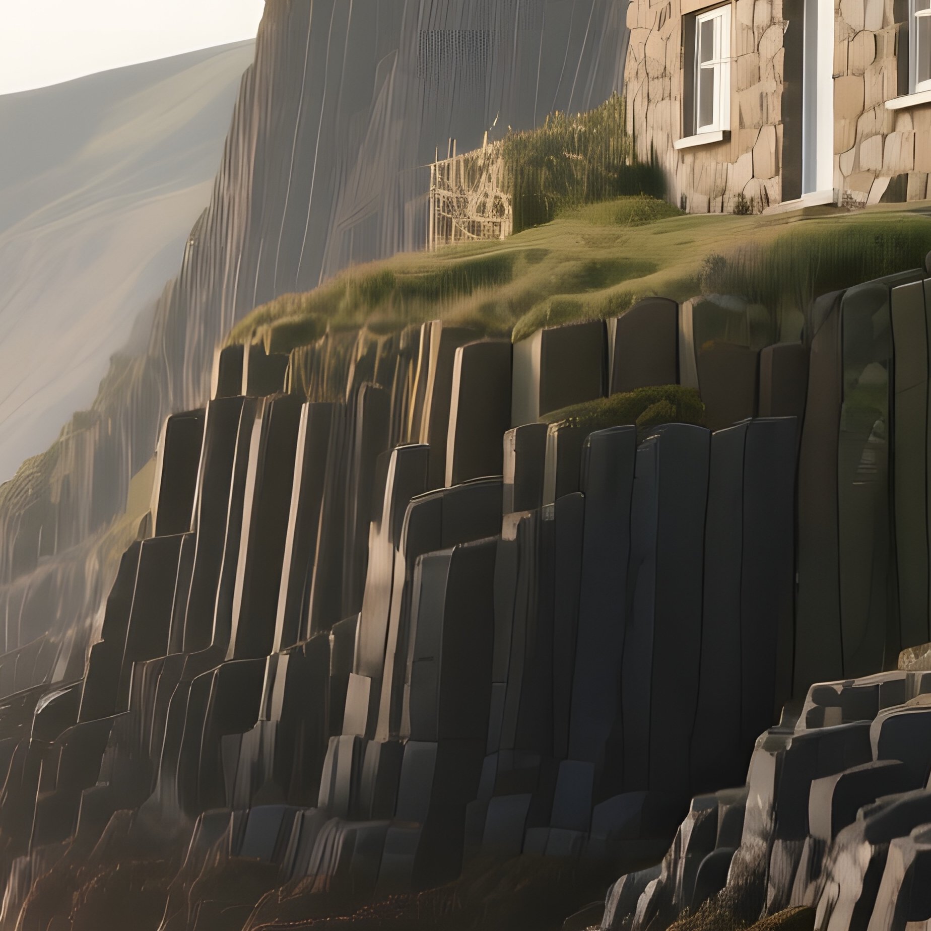 A Coastal Stone Cottage Made From Layered Basalt Cliffs Clings To A Narrow Beach, Tide Pools - Full Resolution Quality Preview