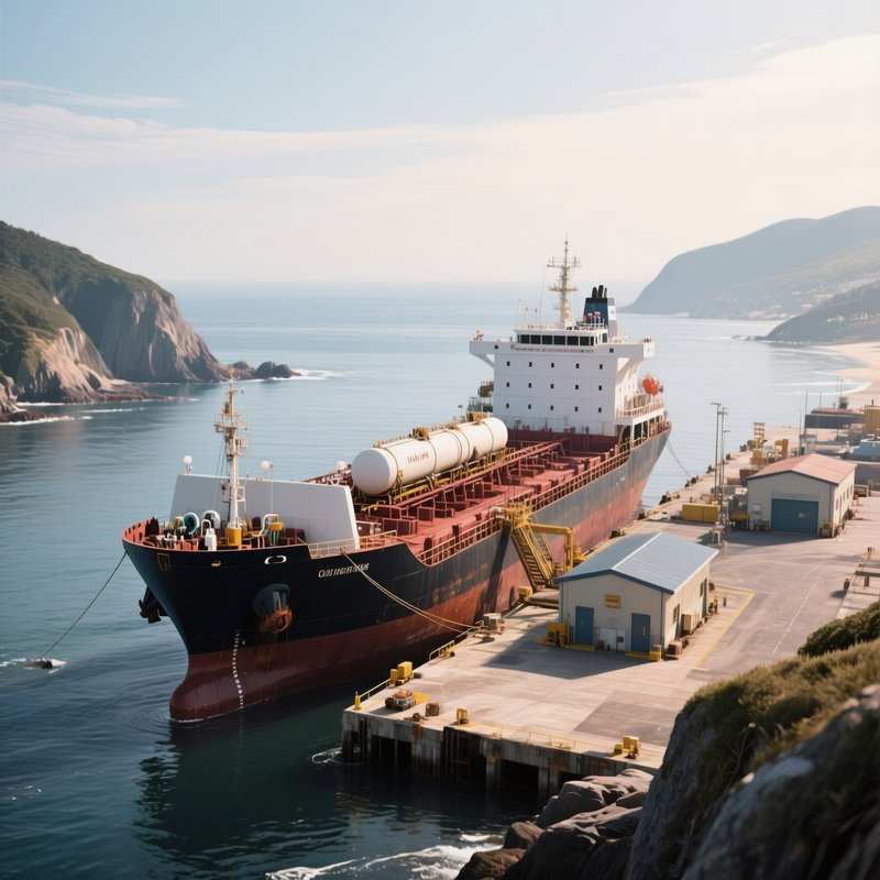 A Coastal Tanker Delivering Fuel To A Small Port Facility