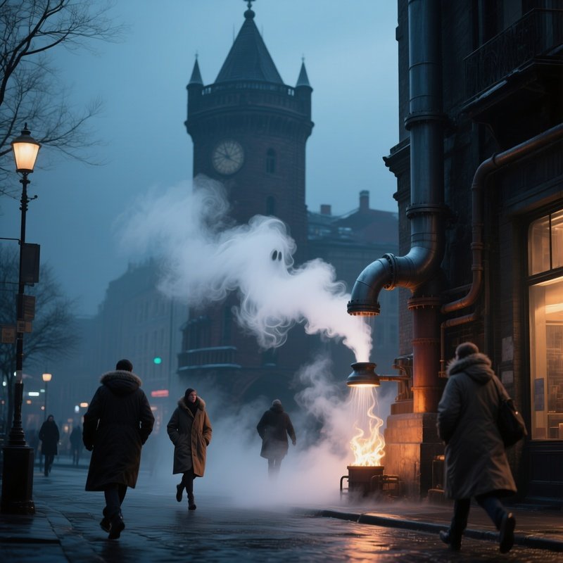 A Cold Evening With Steam Rising From A Nearby Hot Water Pipe, Casting Ghostly Curls Around The