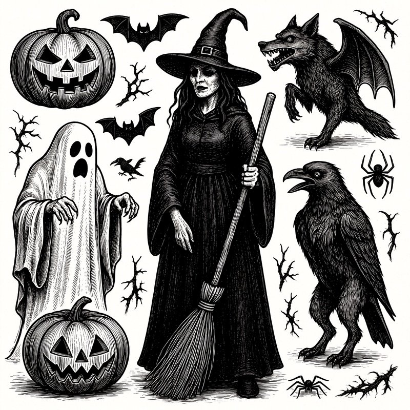 A Collection Of Halloween Themed Illustrations Halloween