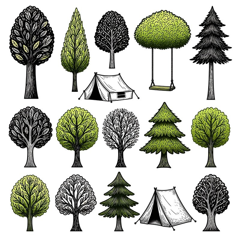 A Collection Of Tree Illustrations For A Camp Scenes Creation Kit