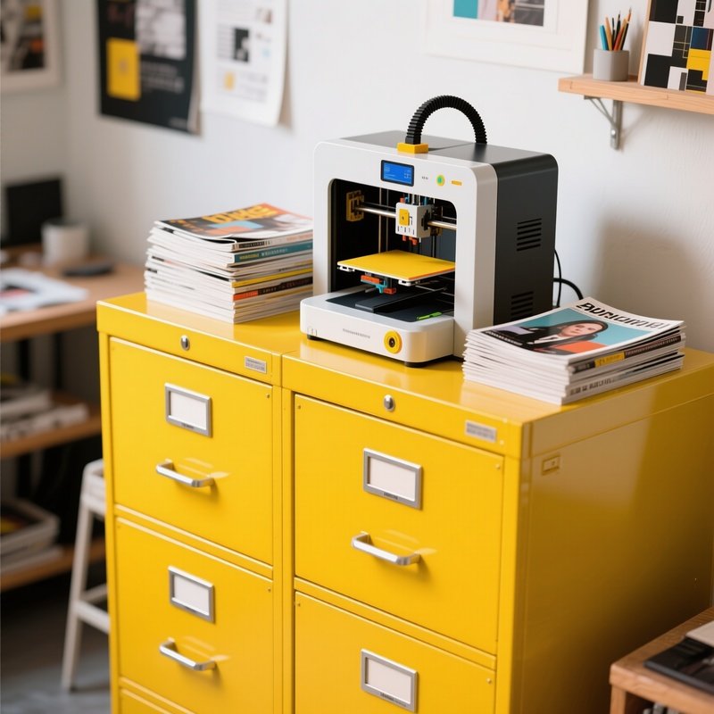 A Colorful Bright Yellow Metal Filing Cabinet In A Creative Studio, Topped With A Modern 3D Printer And Stacks Of Design Magazines.