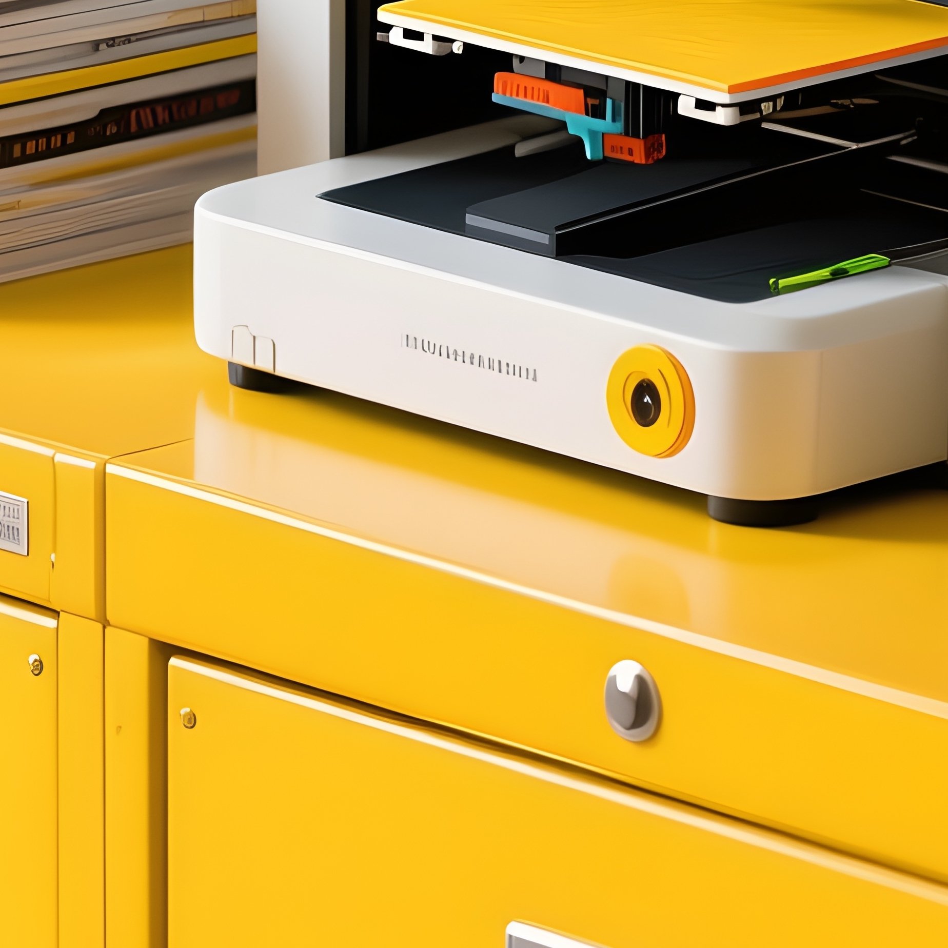 A Colorful Bright Yellow Metal Filing Cabinet In A Creative Studio, Topped With A Modern 3D Printer And Stacks Of Design Magazines. - Full Resolution Quality Preview