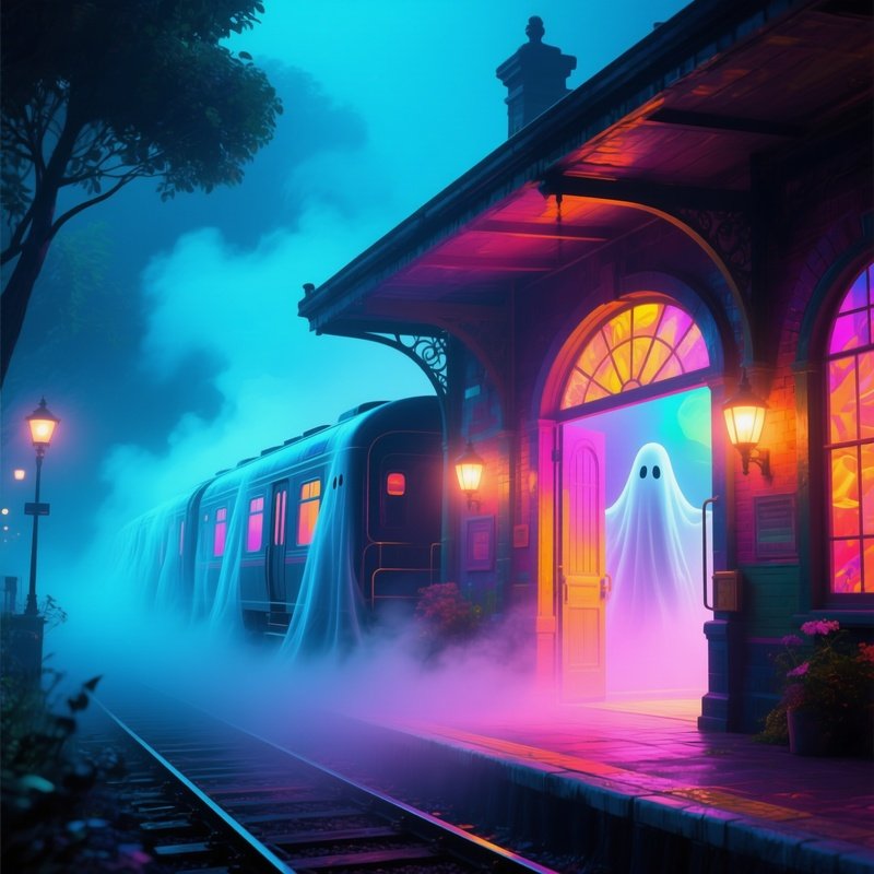 A Colorful Ghost Train Entrance Glowing Under Flashing Lights And Fog