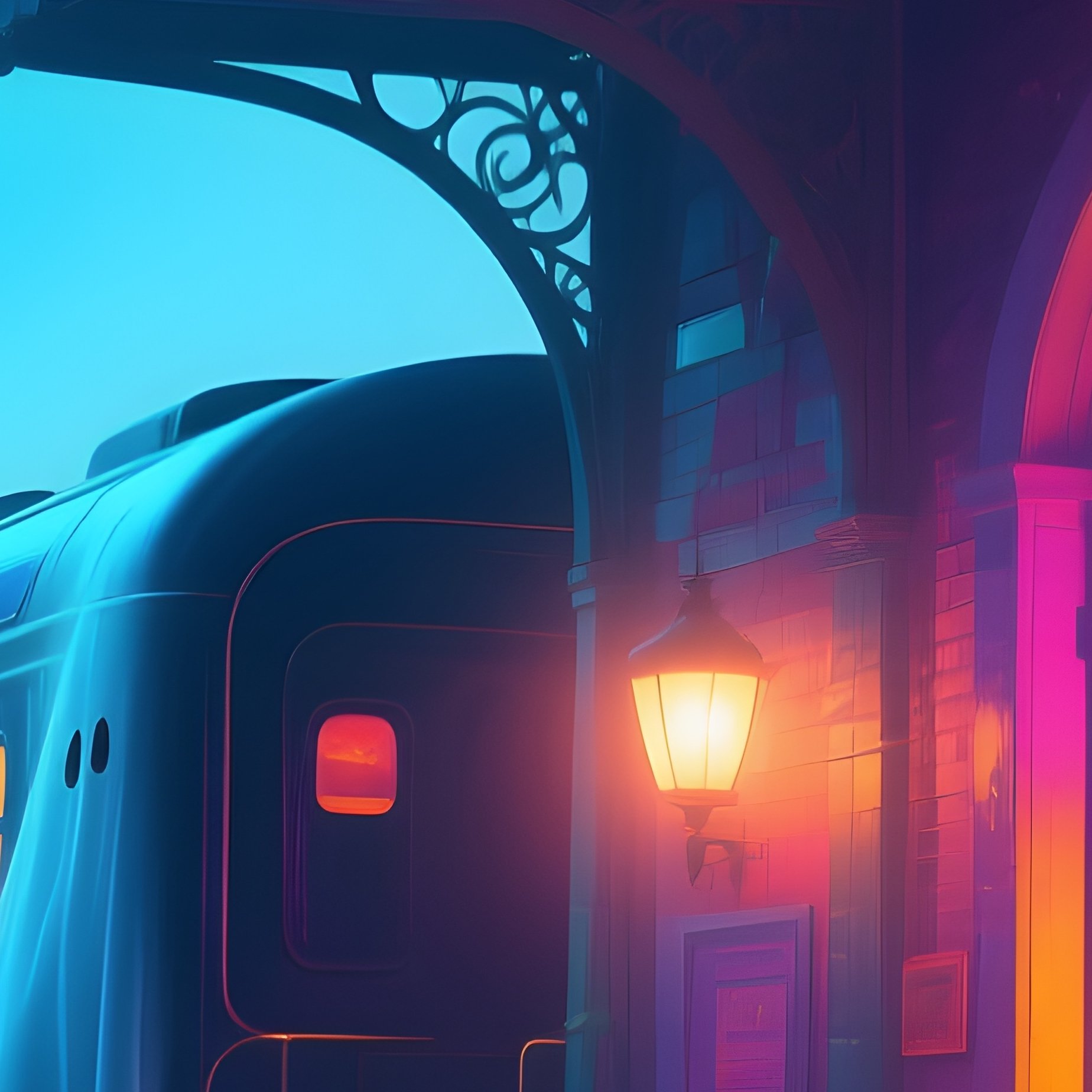 A Colorful Ghost Train Entrance Glowing Under Flashing Lights And Fog - Full Resolution Quality Preview