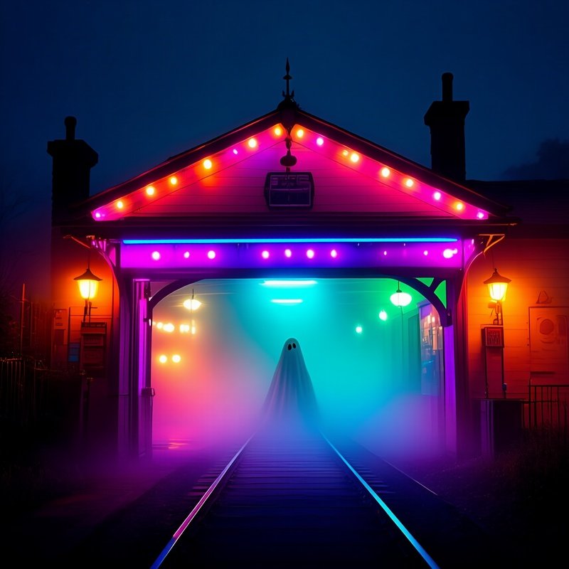 A Colorful Ghost Train Entrance Glowing Under Flashing Lights And Fog