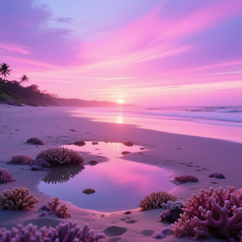 A Colorful Sunrise Over A Coral Beach, With Pink And Purple Skies Illuminating The Sand'S Unique