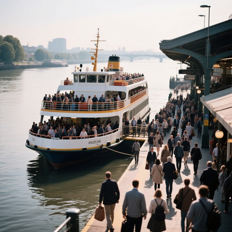 A Commuter Ferry Full Of Passengers Leaving A Riverside Station