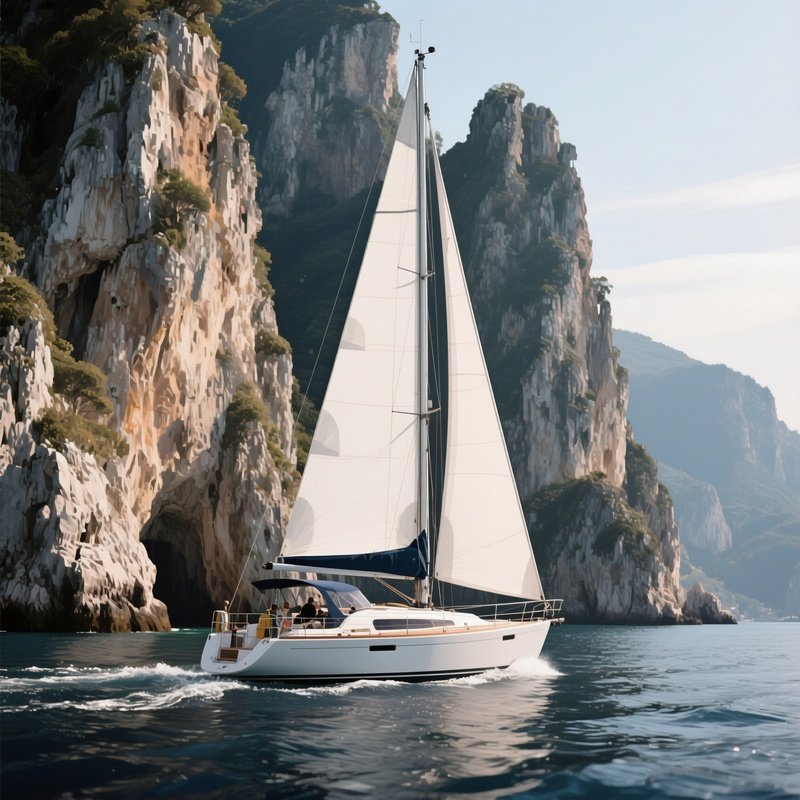A Compact Sailing Yacht Passing Near Tall Limestone Cliffs