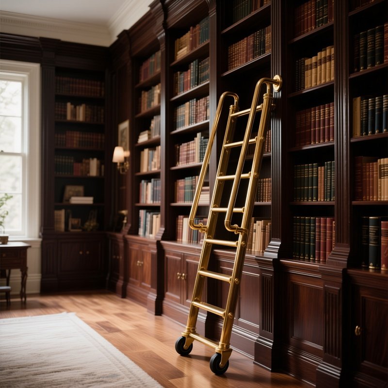 A Comprehensive Home Library Featuring Floor To Ceiling Dark Wood Bookshelves And A Rolling Library Ladder Attached To A Brass Rail.