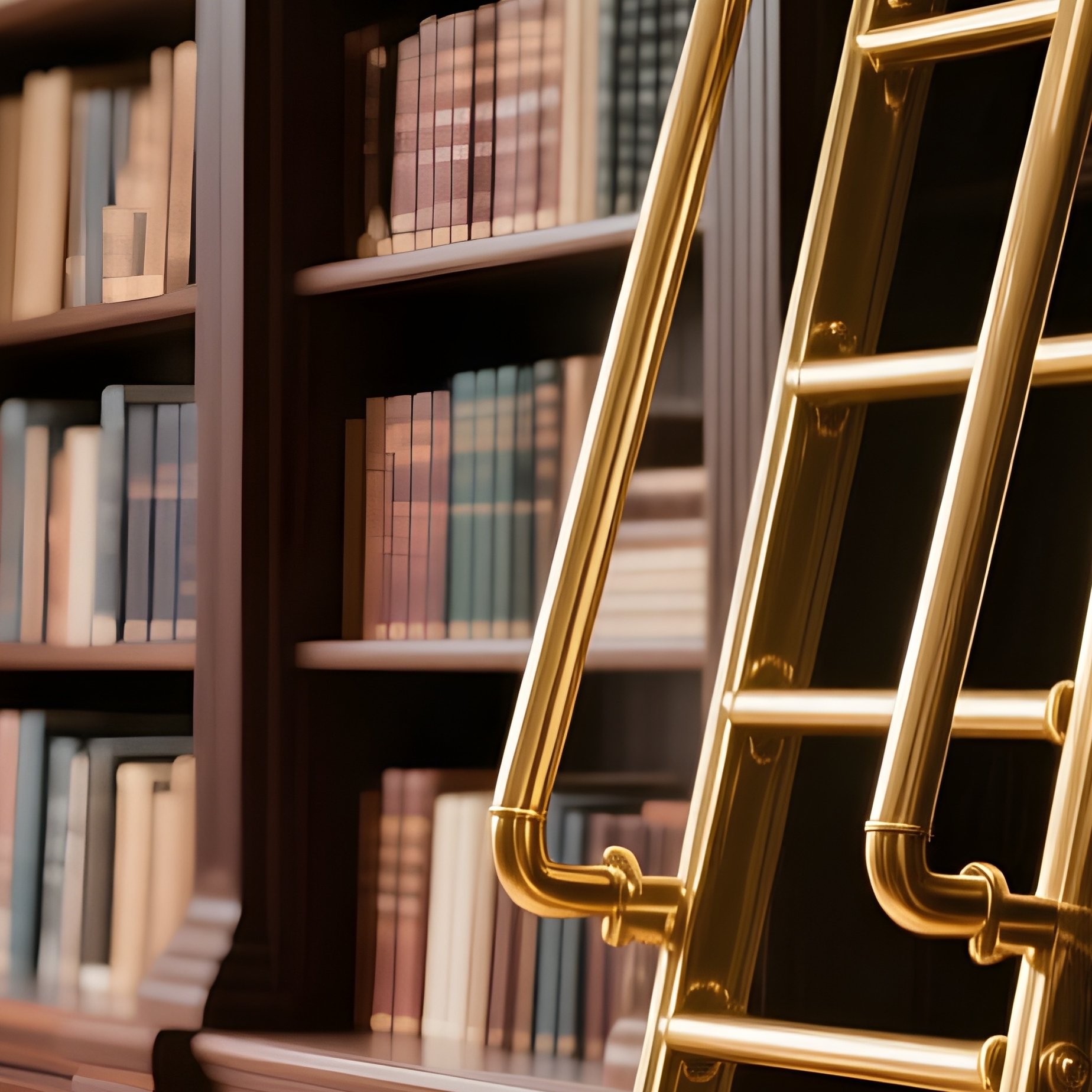 A Comprehensive Home Library Featuring Floor To Ceiling Dark Wood Bookshelves And A Rolling Library Ladder Attached To A Brass Rail. - Full Resolution Quality Preview